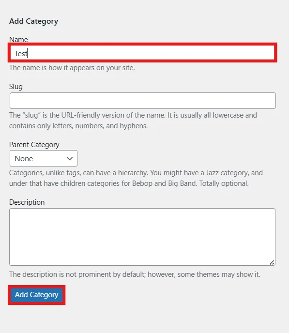 Add a new category in WordPress categories settings