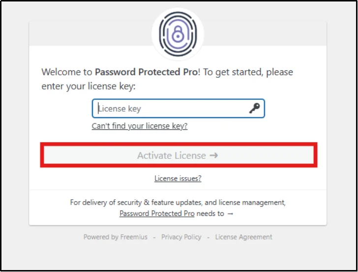 Activate license key option in the Password Protected plugin settings
