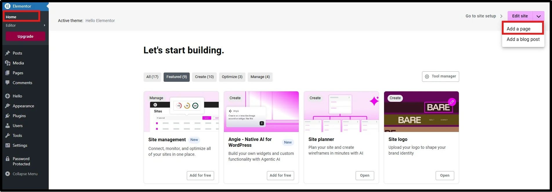 Click on Add a Page in WordPress