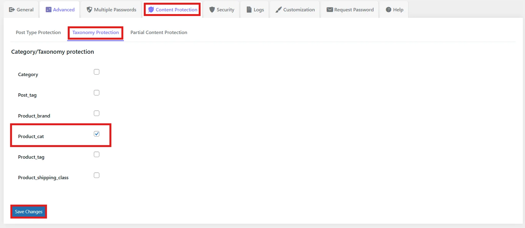 Enable Product_cat protection option in Password Protected plugin