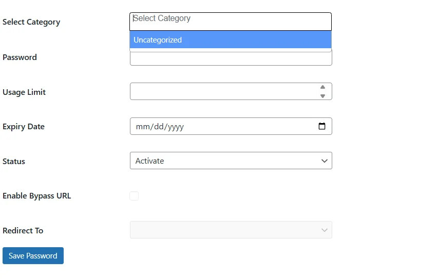 Select Uncategorized category for password protection