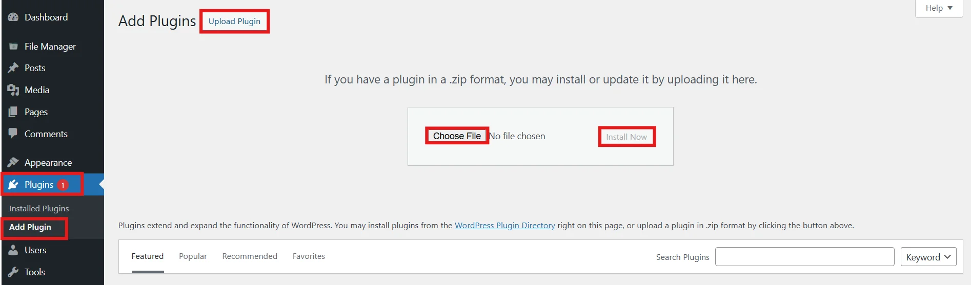 Click on the Upload Plugin option in the WordPress dashboard