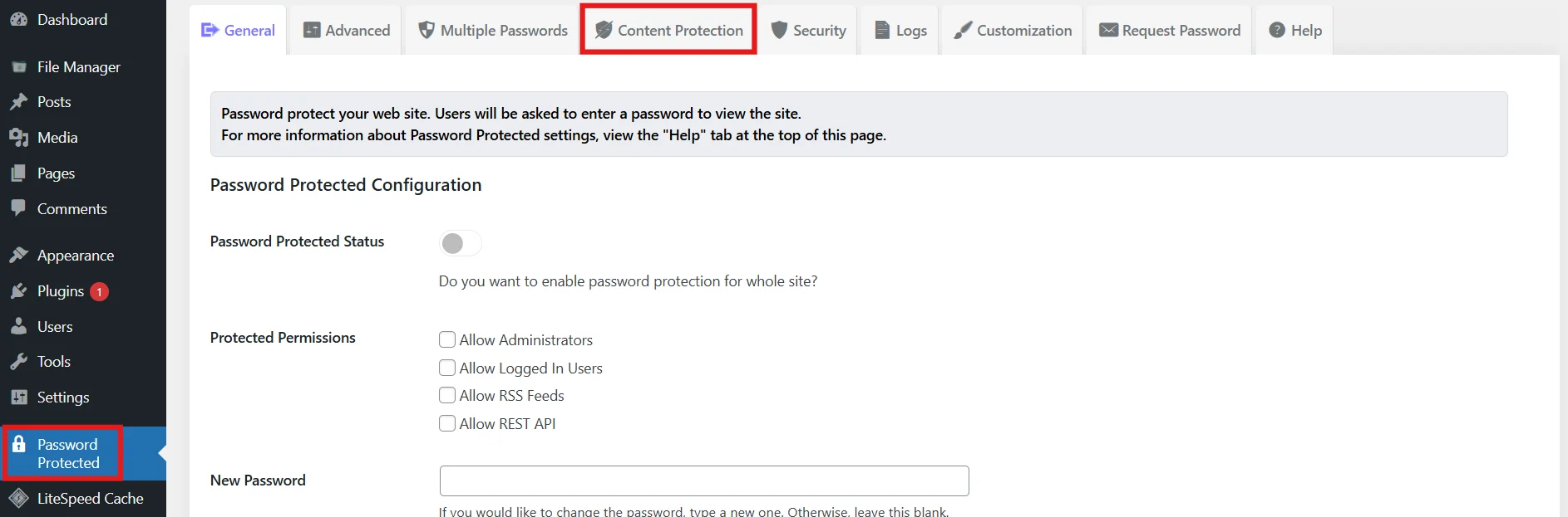 Content Protection section settings in Password Protected WP