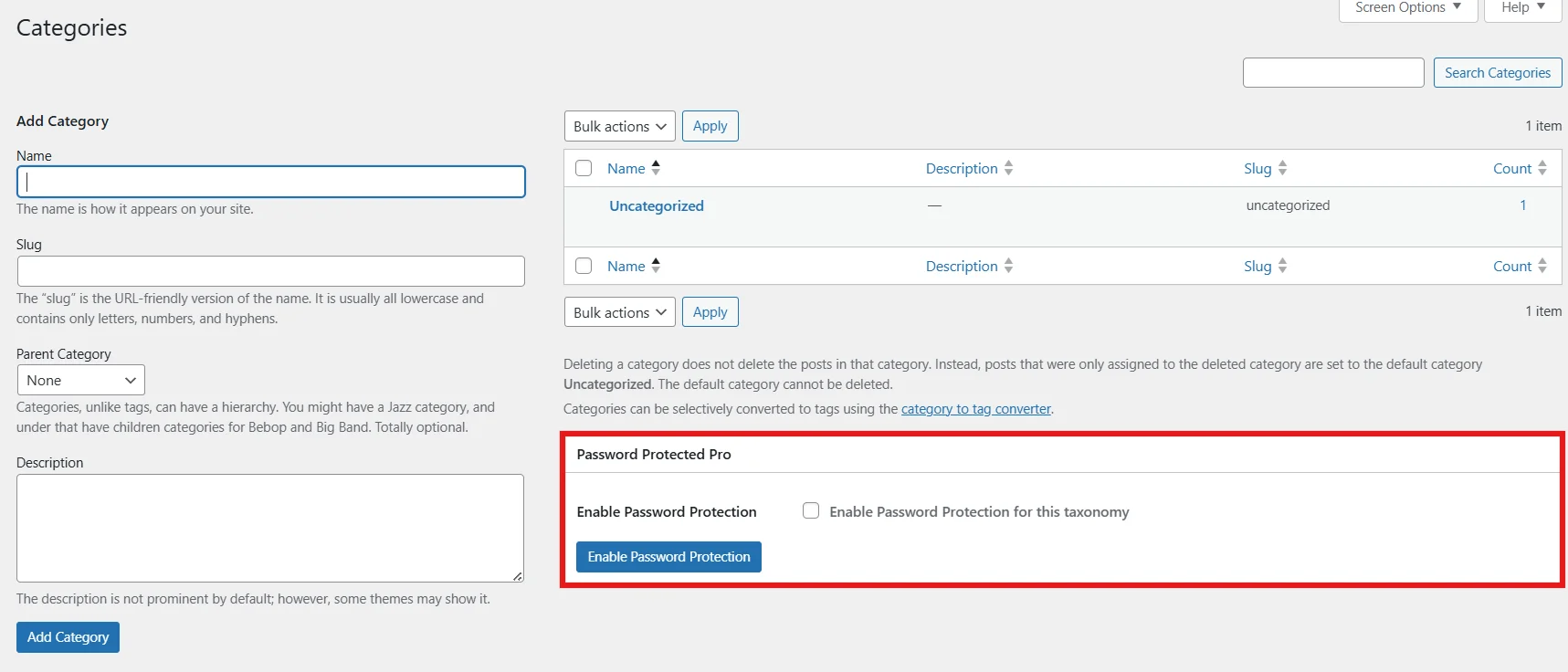 Enable password protection for selected category