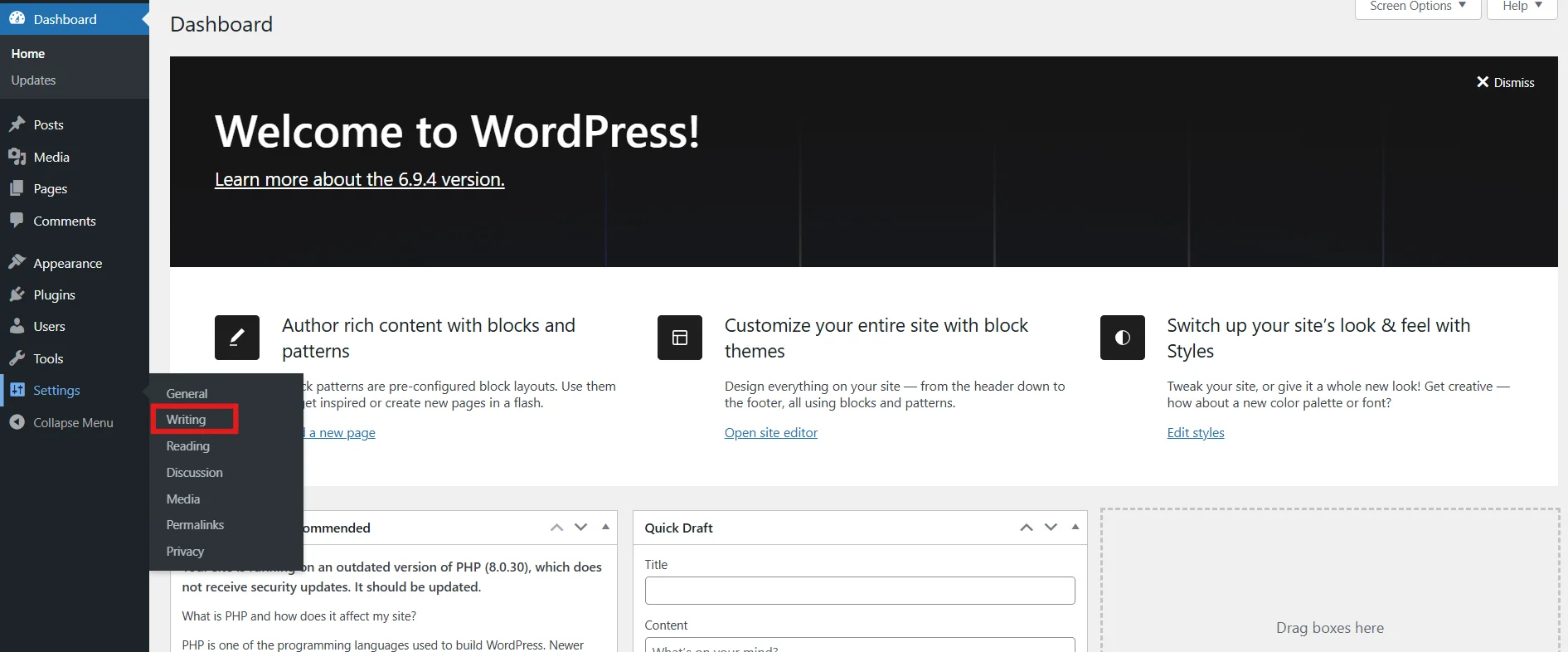 Navigate to Settings and Writing in WordPress dashboard