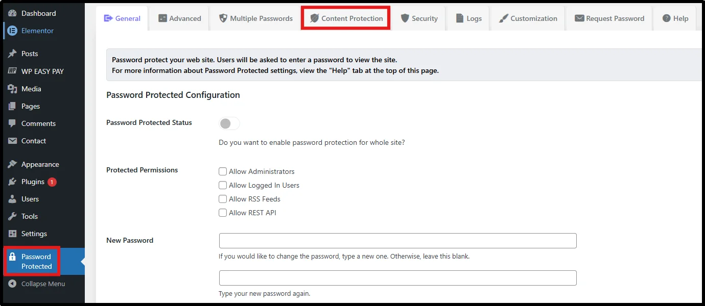 Navigate to the Content Protection tab in plugin settings