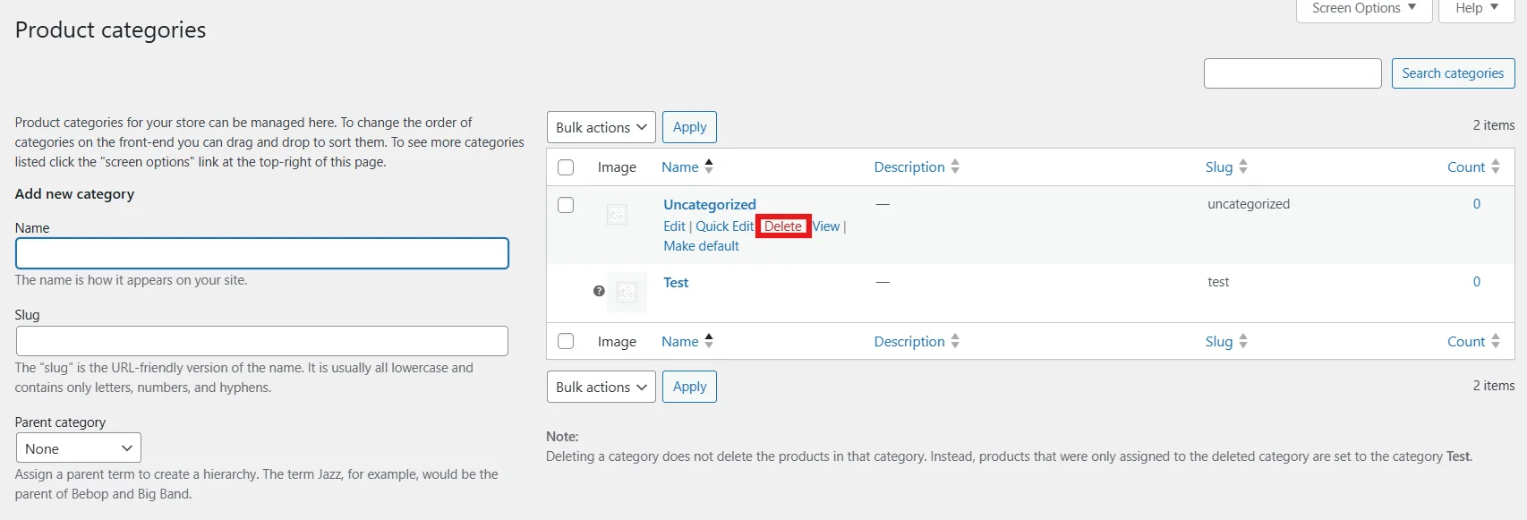 Hover over Uncategorized product category in WooCommerce