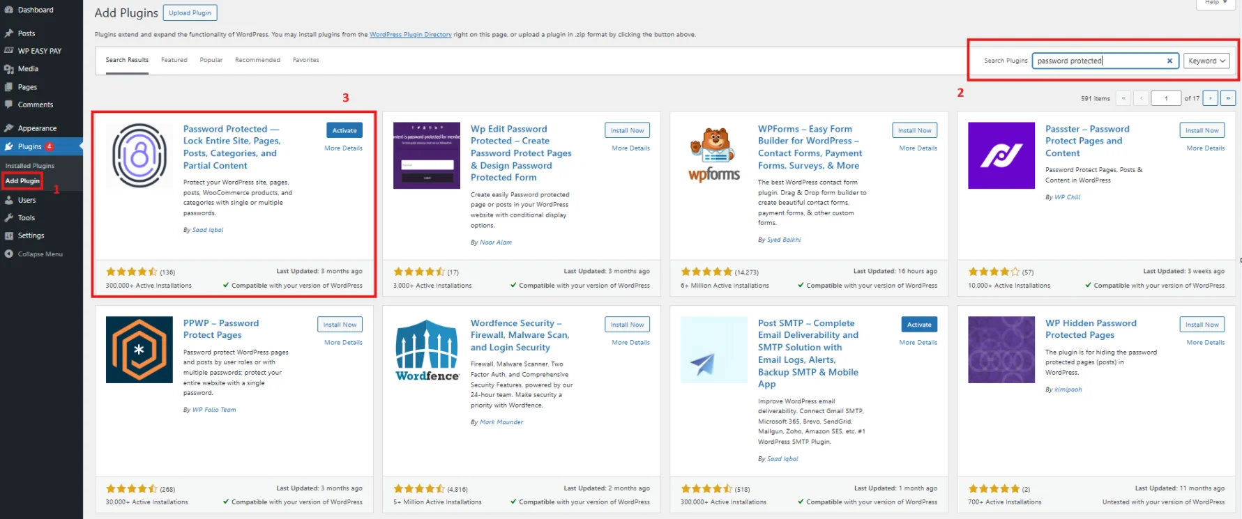 Install Password Protected WordPress plugin from the Plugins page