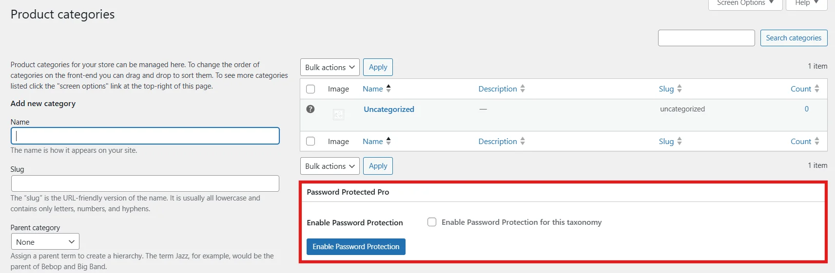 Password Protected Pro settings box displayed in WooCommerce