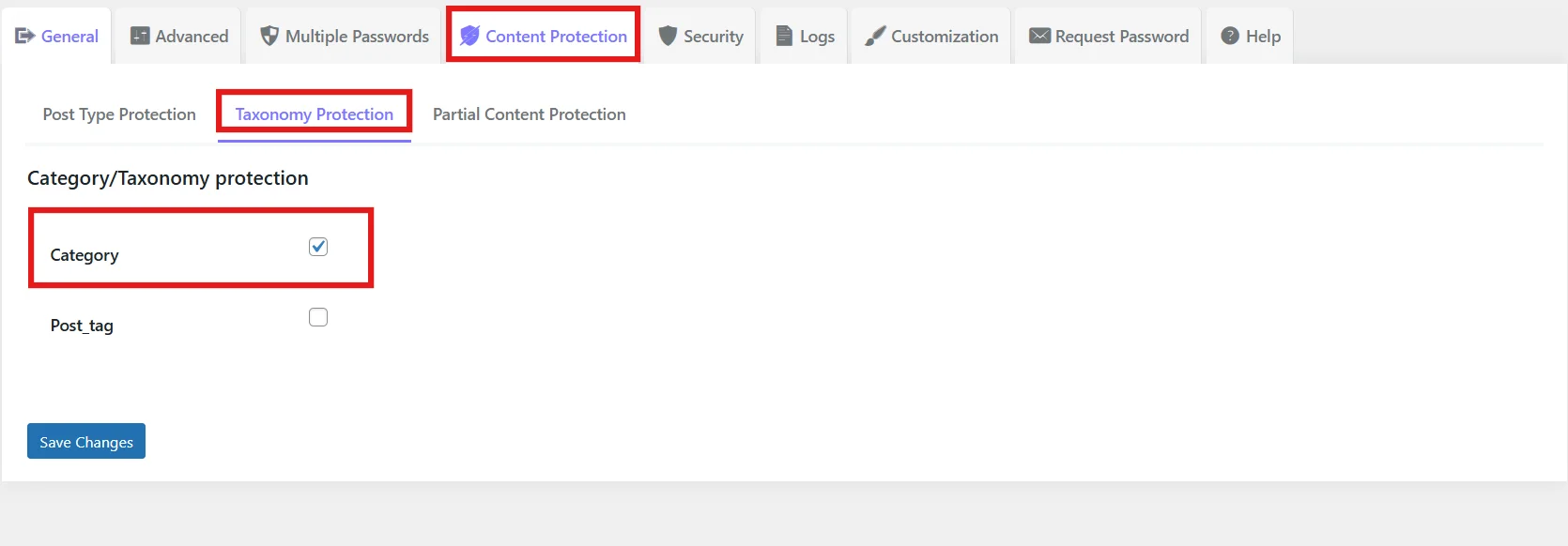 Open the Taxonomy Protection section in the plugin settings