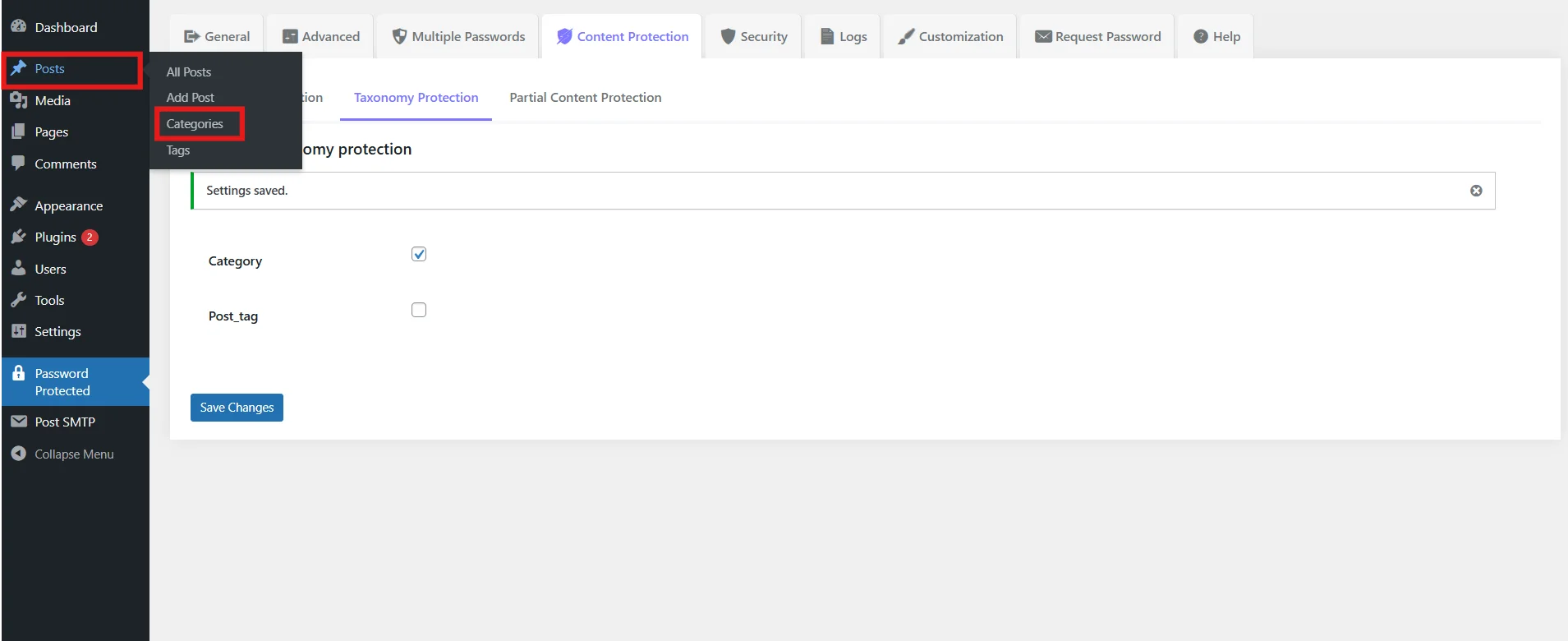Select which WordPress category to restrict or password protect