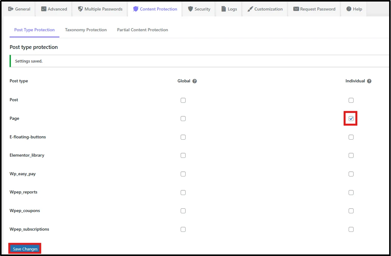 Tick the page checkbox to enable page protection