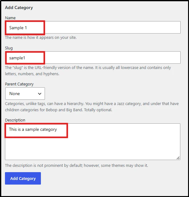Add new category form in the WordPress dashboard