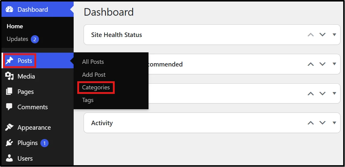 Categories option under the Posts menu in WordPress admin