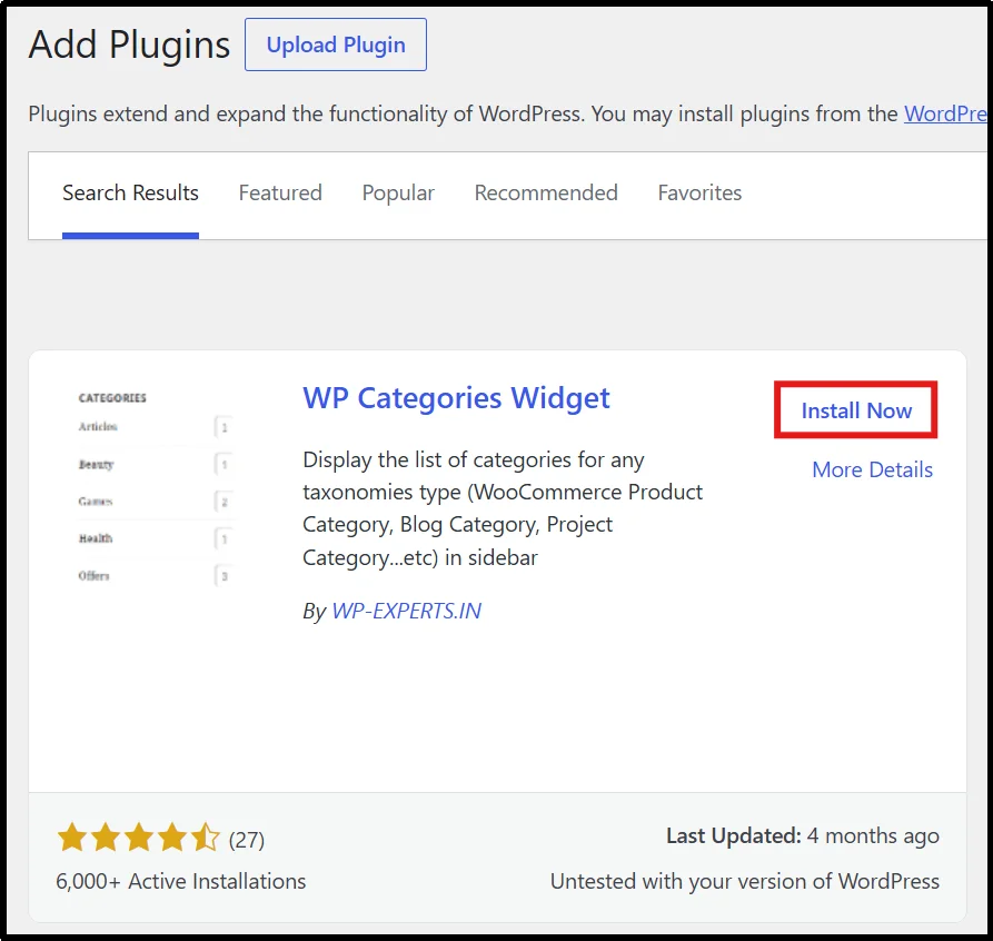 Installing the WP Categories Widget plugin in WordPress