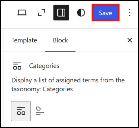 Saving category display changes in the WordPress Site Editor