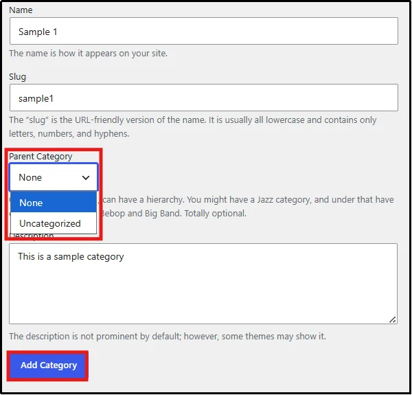 Selecting a parent category from the WordPress category dropdown menu