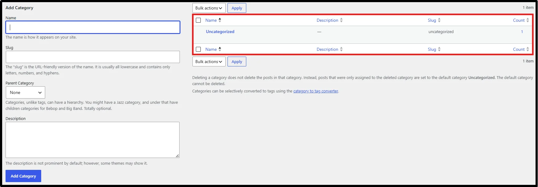 Default Uncategorized category displayed in WordPress categories settings