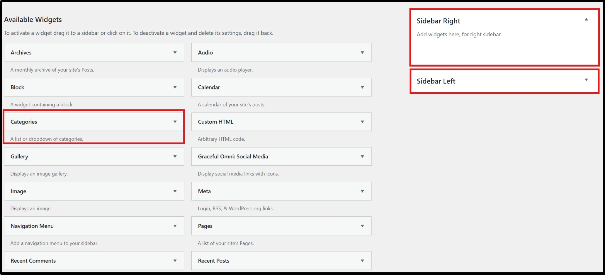 Dragging the Categories widget to a sidebar widget area