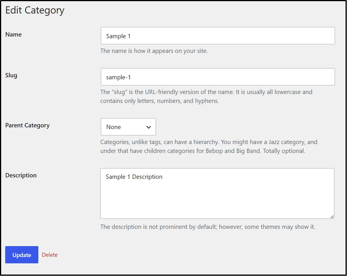 Editing category name, slug, and description in WordPress