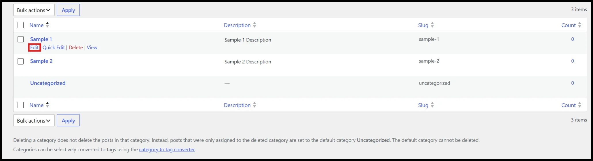 List of existing WordPress categories with post counts