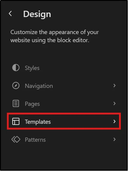 Selecting a template in the WordPress Site Editor