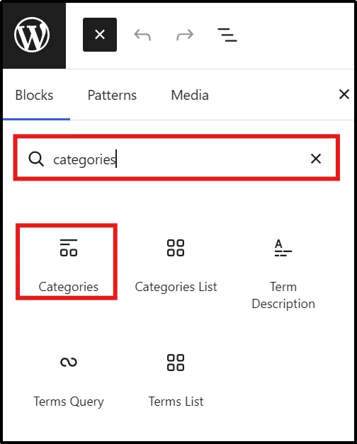 Selecting the Categories List block in WordPress