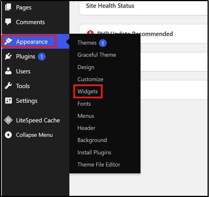 Opening the Widgets section in the WordPress dashboard