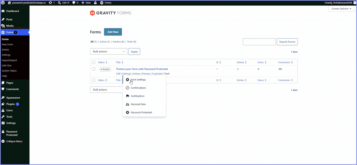 Opening Password Protected settings in Gravity Forms