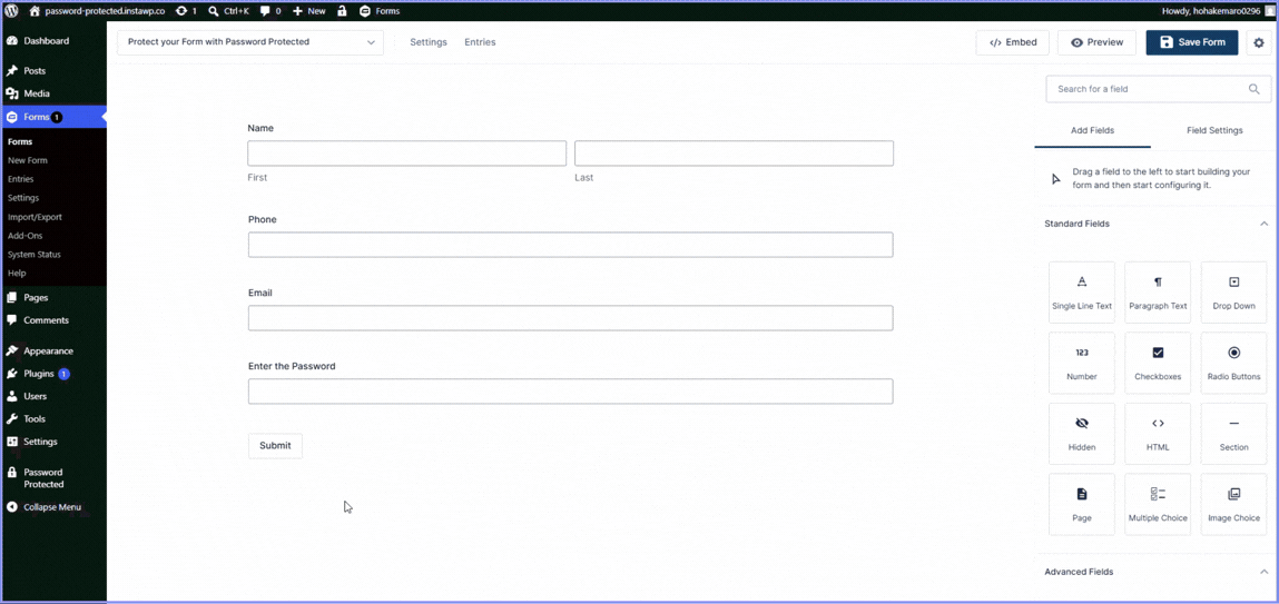 Setting a password field to the form