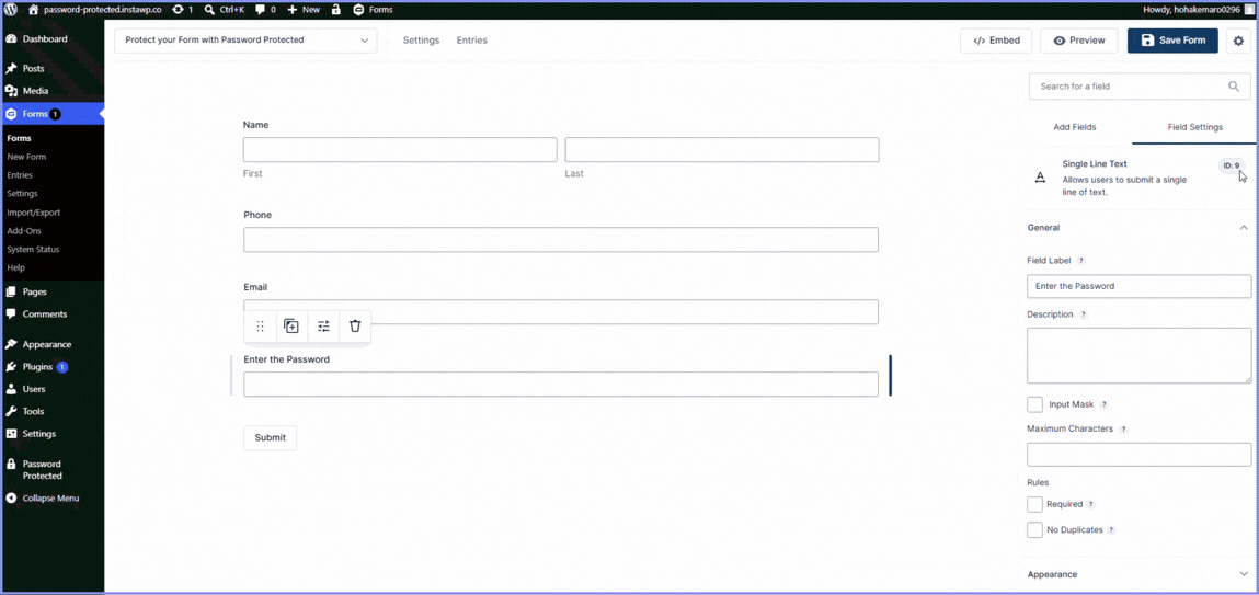Configuring the form to unlock protected content via password field