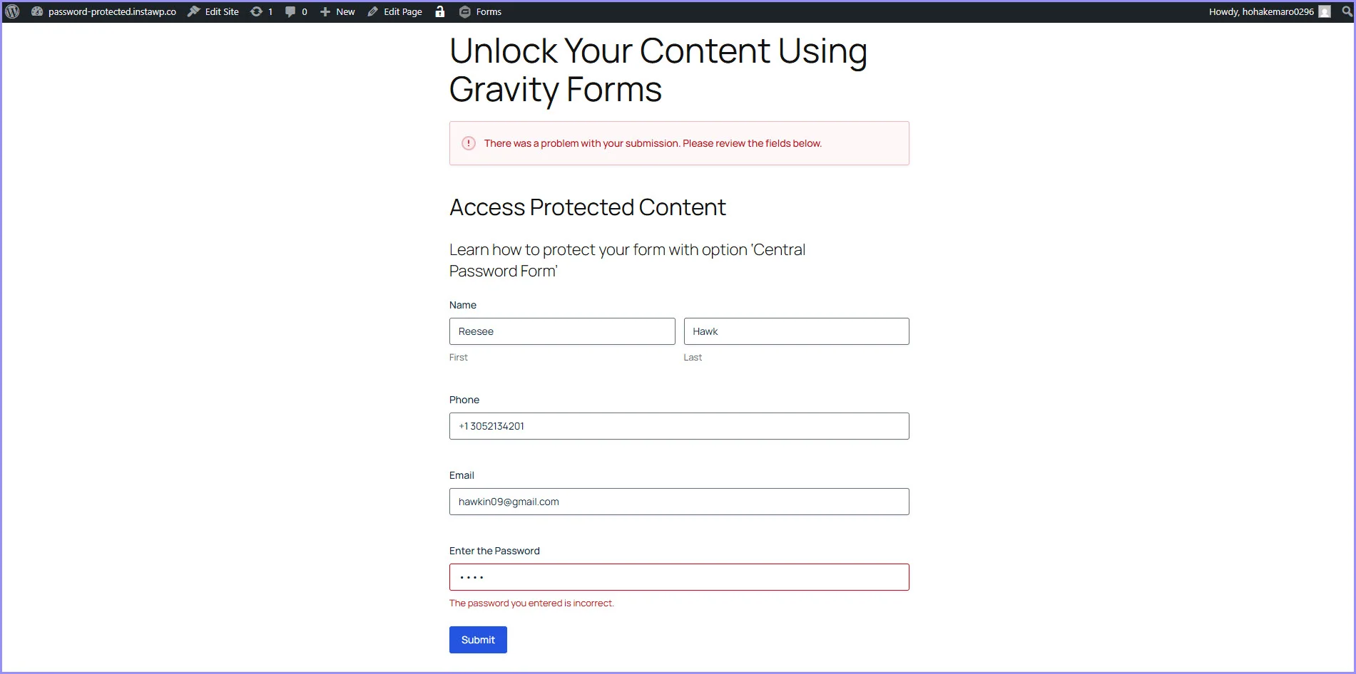 Displaying a validation error after the user enters an incorrect password