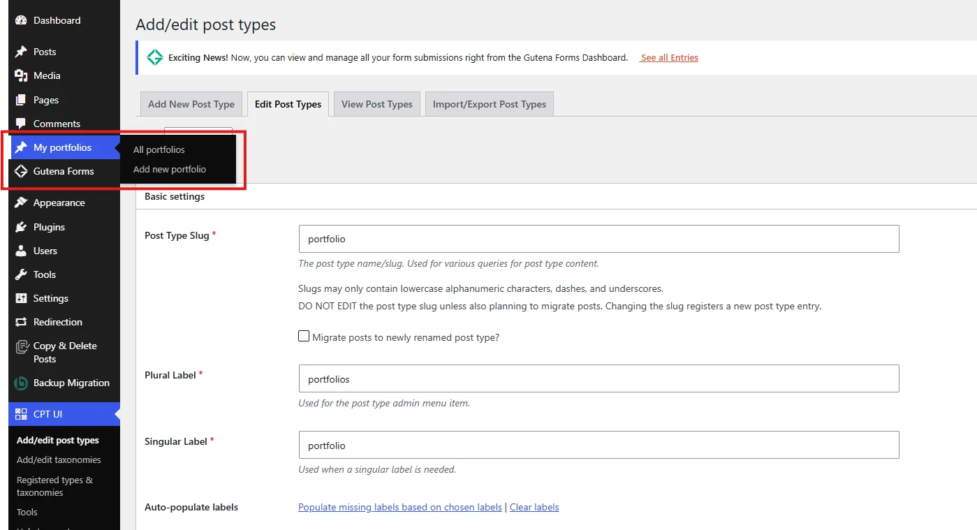 Add a test entry to verify your new WordPress custom post type