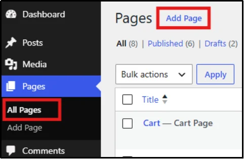 WordPress All Pages screen showing the list of website pages