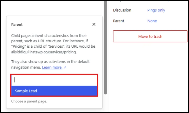 Open the Parent dropdown to assign a parent page