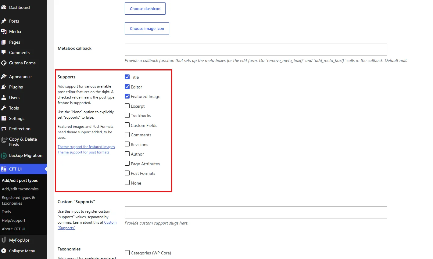 Configure WordPress custom post type settings and supported features