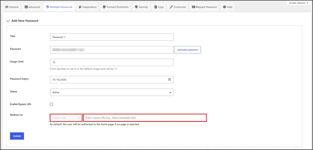 Custom URL redirects in Password Protected Pro