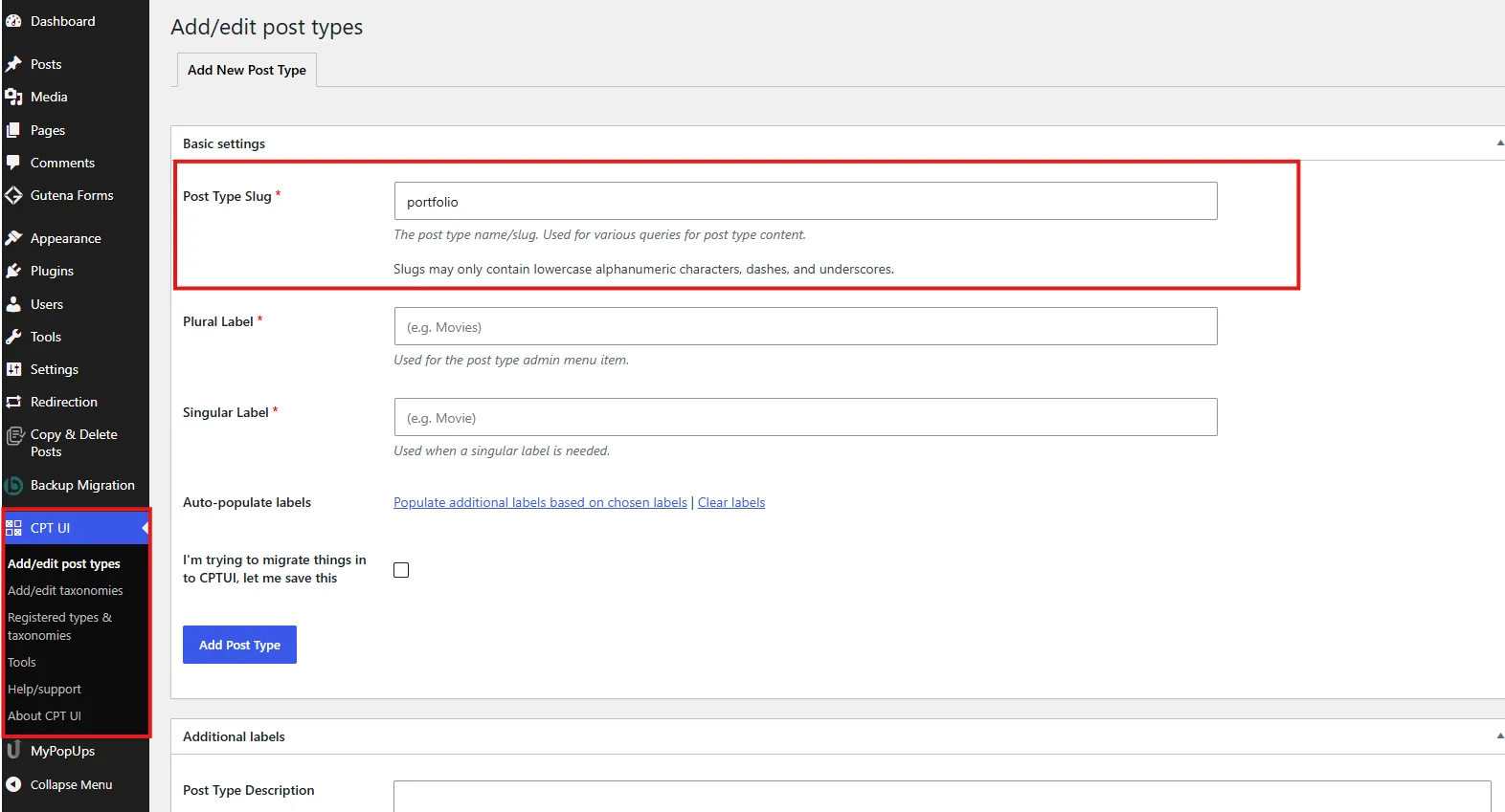 Enter a custom post type slug in the WordPress custom post type plugin settings