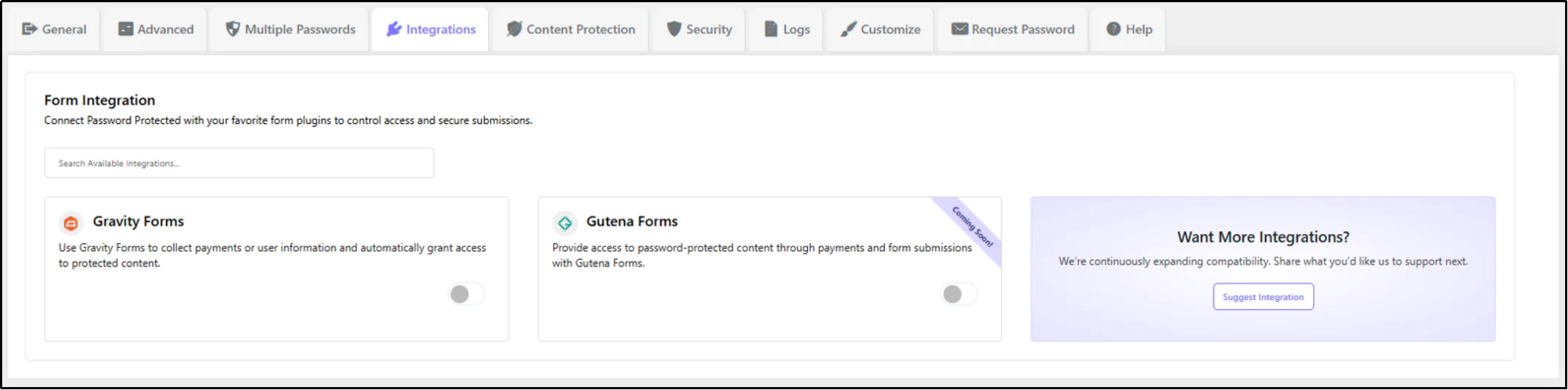 Password Protected Pro Gravity Forms integration settings