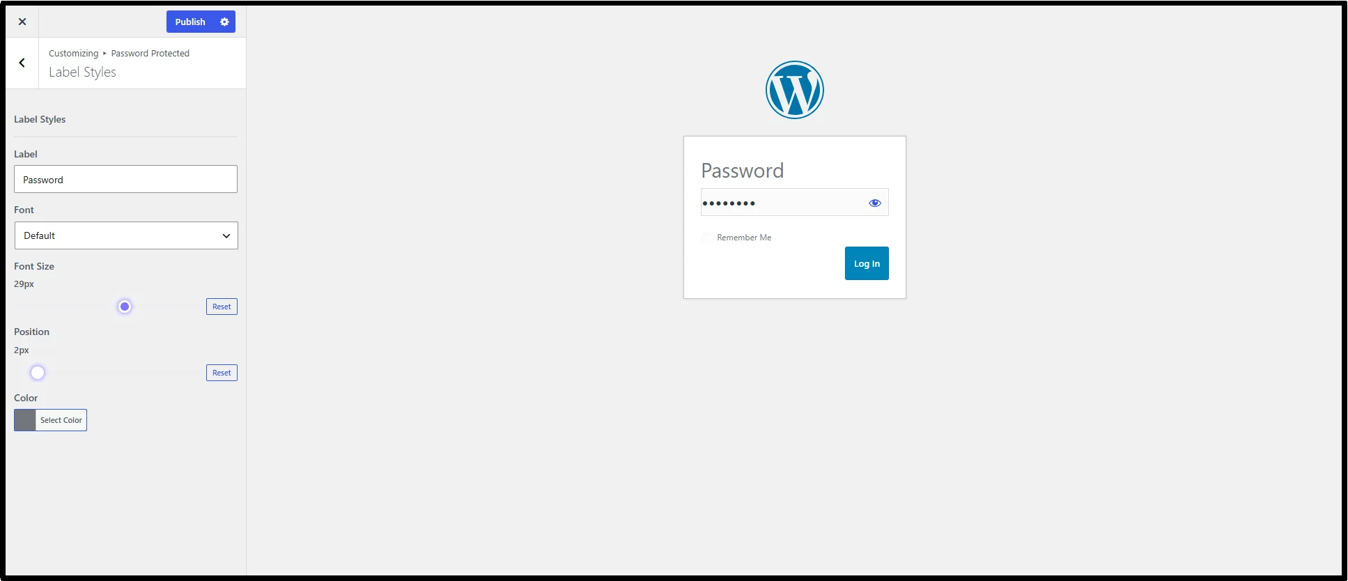 Real-Time Customizer interface in Password Protected Premium showing live customization options for the password-protected screen
