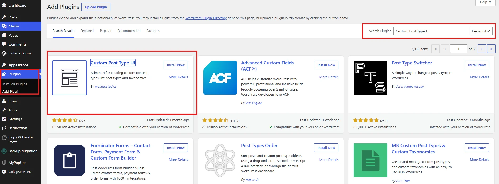 Search for a custom post type plugin in the WordPress Plugins directory