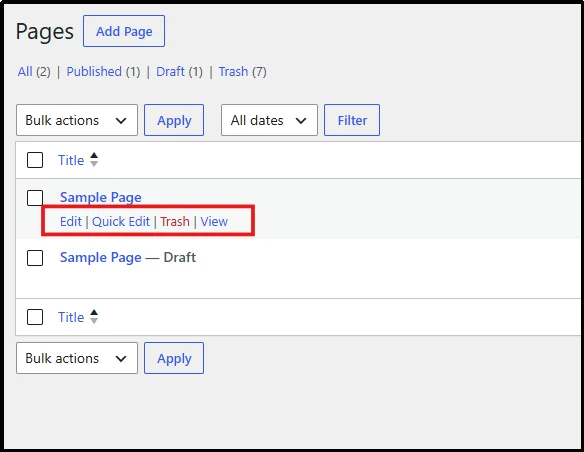 Page management options displayed when hovering over a WordPress page