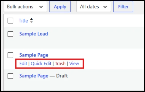 Trash button for deleting a WordPress page