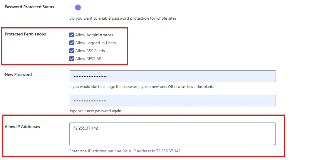 Protected permissions settings for administrators, logged-in users, RSS feeds, and IP addresses