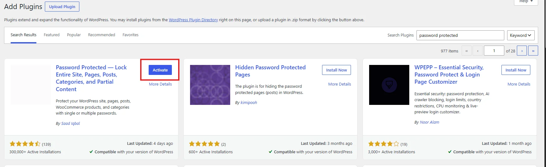 Install Now button on the Password Protected plugin card in the WordPress plugin directory