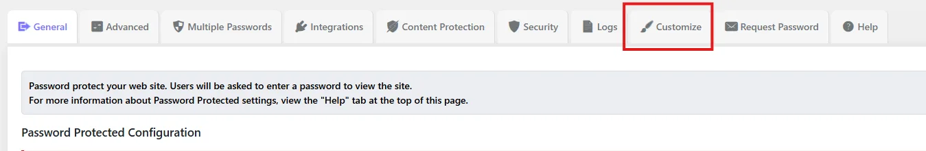 Customize tab at the top of the Password Protected plugin settings page