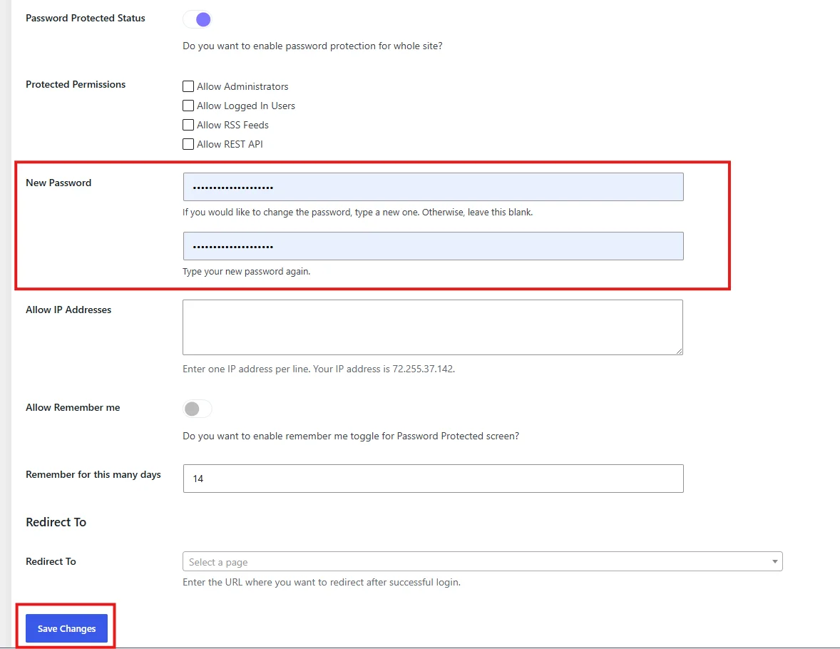 New Password field being filled in on the Password Protected settings screen
