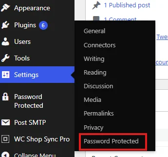 WordPress Settings menu opened to the Password Protected settings page