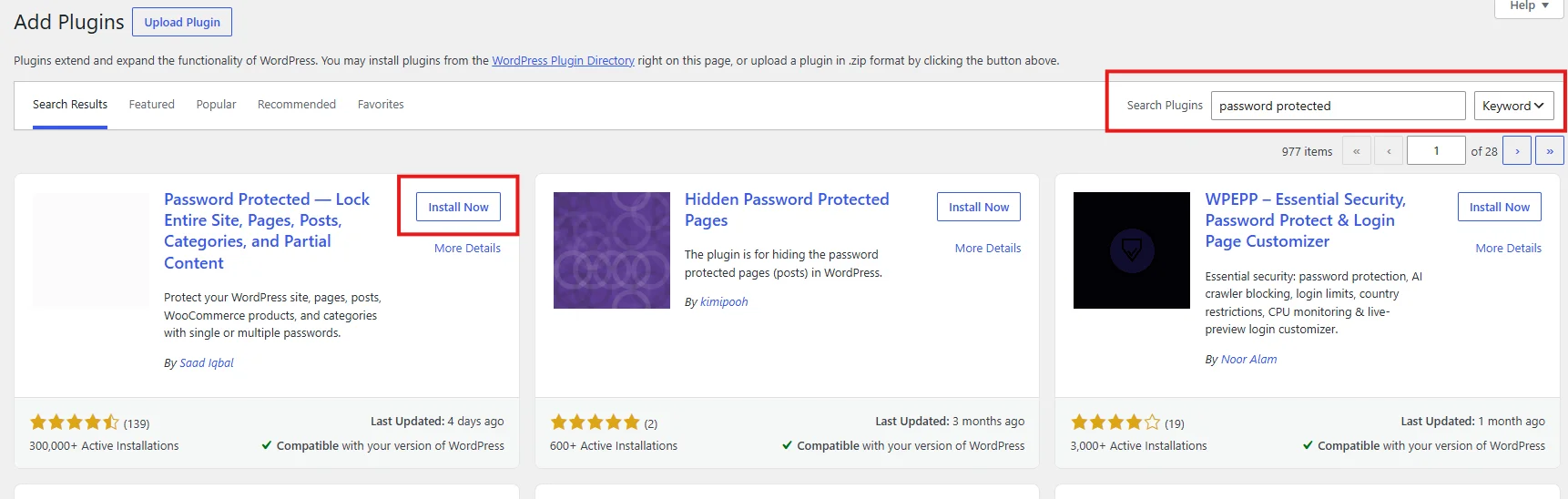 WordPress plugin search results showing the Password Protected plugin by WPExperts