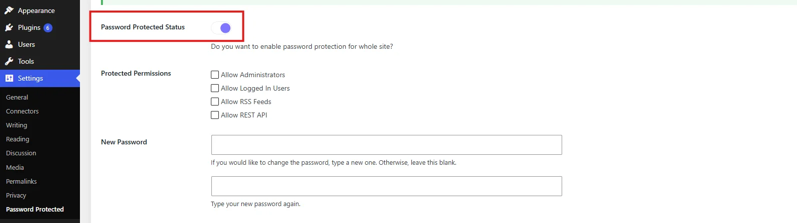 Password Protection Status toggle switched on in the Password Protected plugin settings